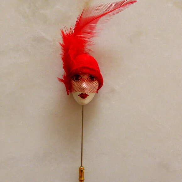 Beautiful Vintage Flapper Stick Pin Brooch 1970s Collectible, Handpainted French - Picture 1 of 8